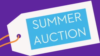 purple banner with the words "stay cool summer auction" listed across
