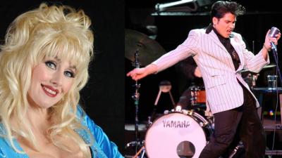 image of tribute performers for Johnny Cash, Elvis and Dolly Parton