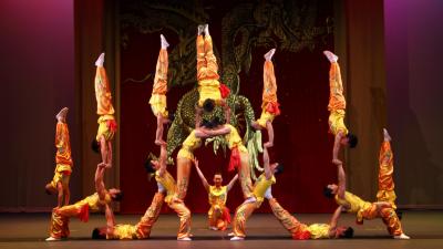 people holding up one another in handstands, making a triangle