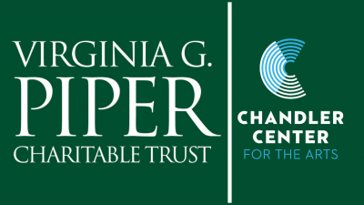 White logos for Virginia G Piper and Chandler Center for the Arts on a forest green background.