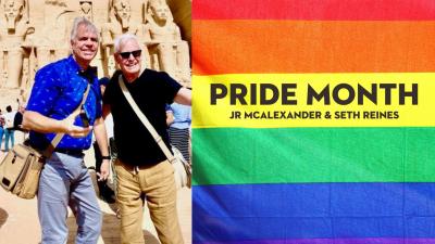 two white men standing in egypt , the right side has a rainbow flag and the words pride month on it