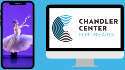 A laptop, mobile phone, desktop, and tablet display CCA Anywhere artists on their screen.