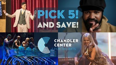 An image proclaims Pick 5 and save with two photos of performers