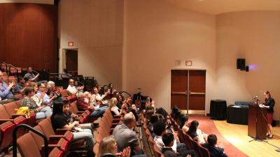 The Recital Hall is a lecture hall-style space providing optimal listening and viewing for acoustic musical recitals