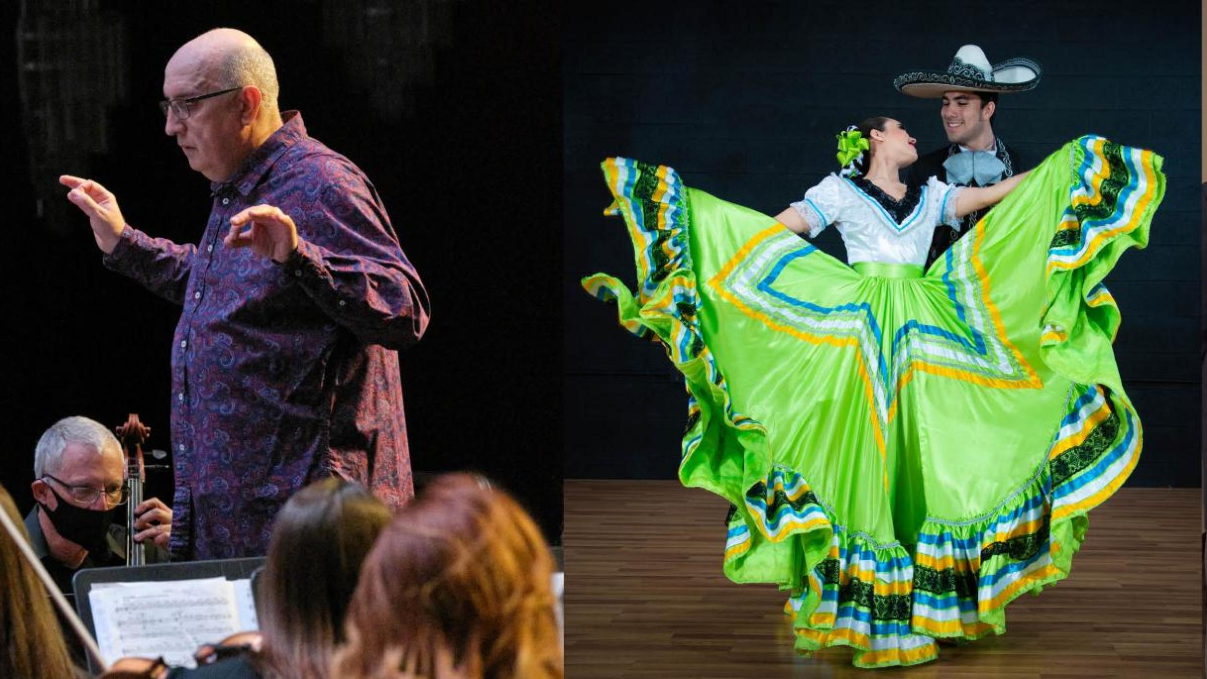 A collage of photos - smiling youth, symphony conductor, folklorico dancers, group of volunteers